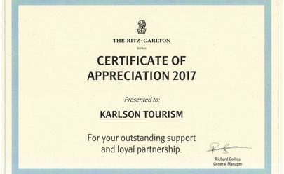 Компания «Карлсон Туризм» получила «Certificate of Appreciation 2017» от The Ritz-Carlton Dubai!